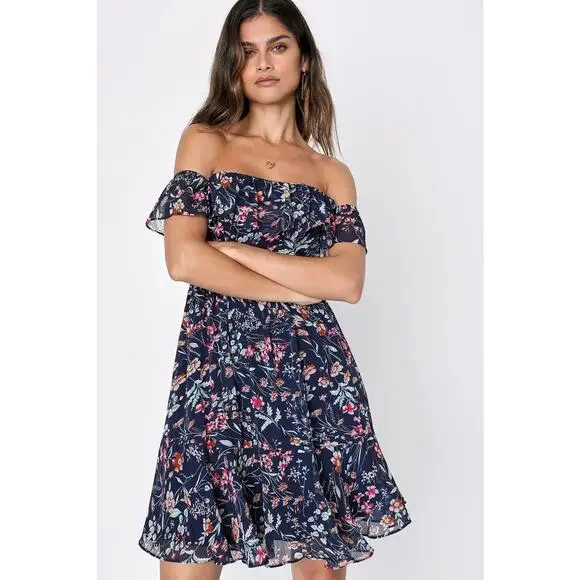 Lulus My Favorite Navy Blue Floral Print Off-the-Shoulder Dress - Large - Picture 3 of 5